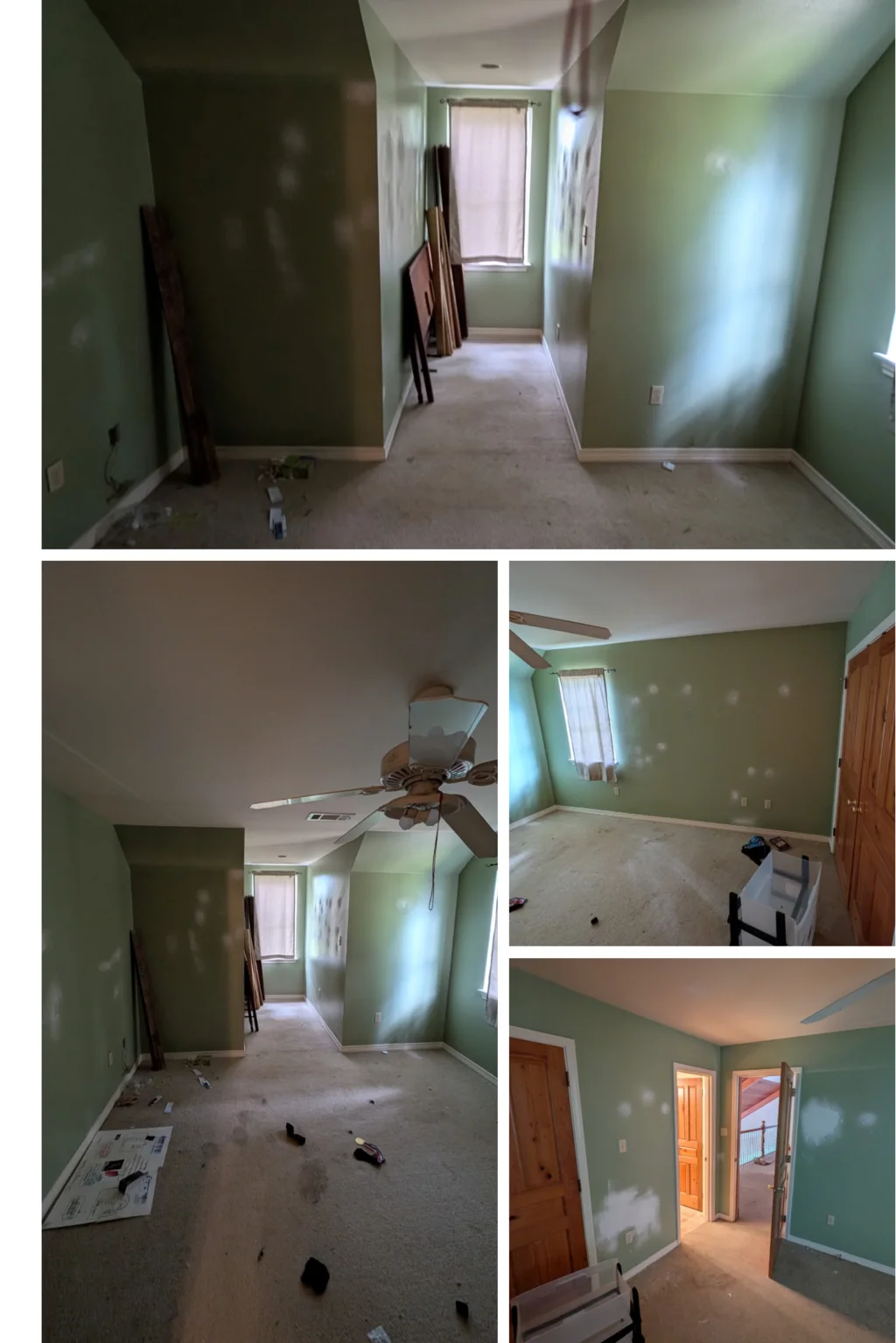 Insurance loss draft photo collage in Lacombe, Louisiana, documenting bedroom and hallway interiors with visible wall patching
