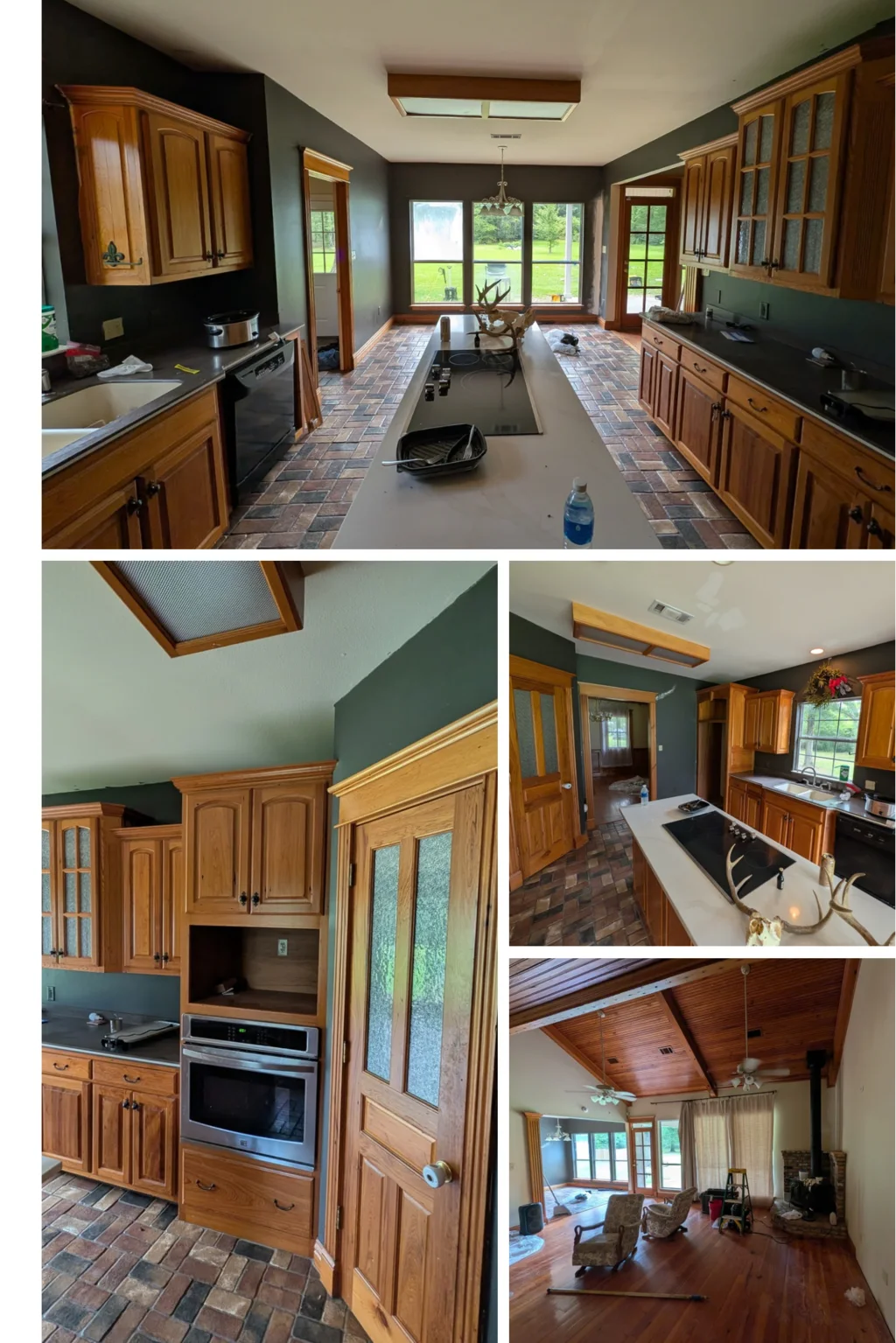 Insurance loss draft photo collage in Walker, Louisiana, documenting a kitchen, cabinetry, and adjoining living area