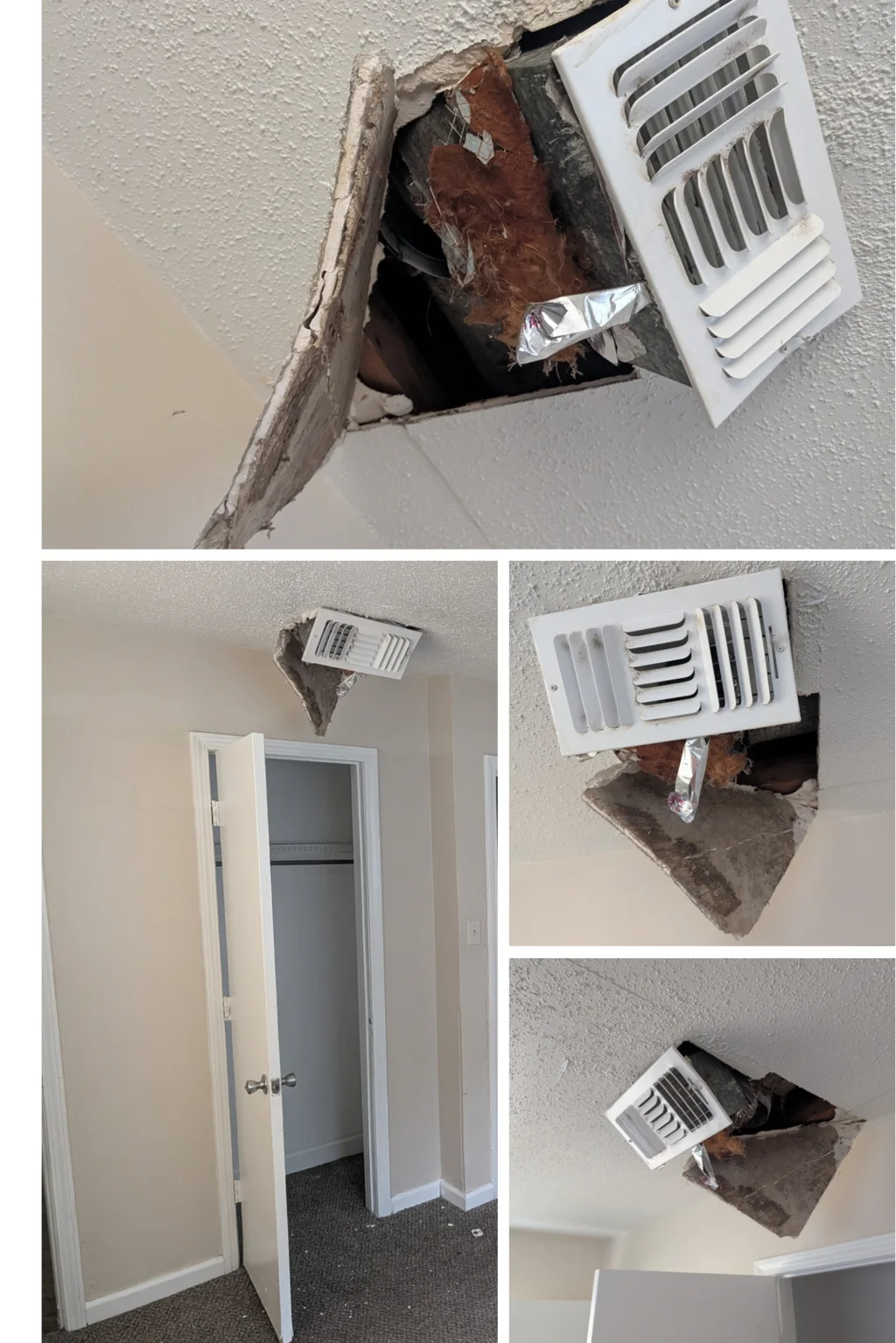 Insurance loss draft photo collage in New Orleans, Louisiana, showing ceiling damage around an air vent